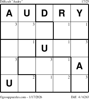 The grouppuzzles.com Difficult Audry puzzle for Saturday January 17, 2026 with the first 3 steps marked
