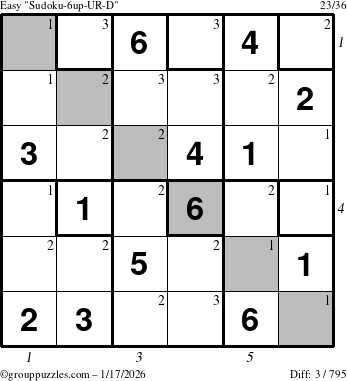 The grouppuzzles.com Easy Sudoku-6up-UR-D puzzle for Saturday January 17, 2026, suitable for printing, with all 3 steps marked