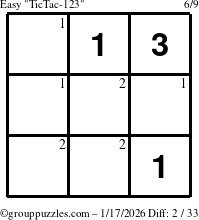 The grouppuzzles.com Easy TicTac-123 puzzle for Saturday January 17, 2026 with the first 2 steps marked