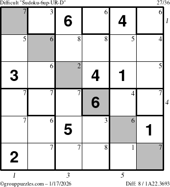 The grouppuzzles.com Difficult Sudoku-6up-UR-D puzzle for Saturday January 17, 2026, suitable for printing, with all 8 steps marked