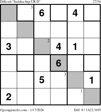 The grouppuzzles.com Difficult Sudoku-6up-UR-D puzzle for Saturday January 17, 2026 with the first 3 steps marked