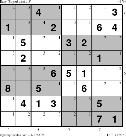 The grouppuzzles.com Easy SuperSudoku-8 puzzle for Saturday January 17, 2026, suitable for printing, with all 4 steps marked