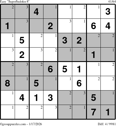 The grouppuzzles.com Easy SuperSudoku-8 puzzle for Saturday January 17, 2026 with the first 3 steps marked