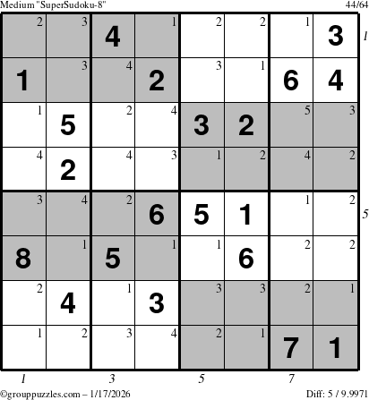 The grouppuzzles.com Medium SuperSudoku-8 puzzle for Saturday January 17, 2026 with all 5 steps marked