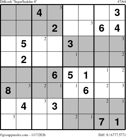 The grouppuzzles.com Difficult SuperSudoku-8 puzzle for Saturday January 17, 2026 with the first 3 steps marked