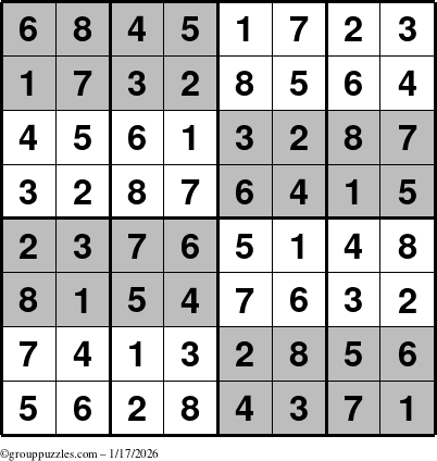 The grouppuzzles.com Answer grid for the SuperSudoku-8 puzzle for Saturday January 17, 2026