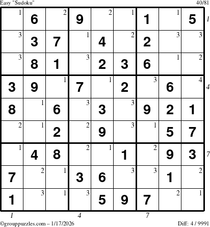 The grouppuzzles.com Easy Sudoku puzzle for Saturday January 17, 2026, suitable for printing, with all 4 steps marked