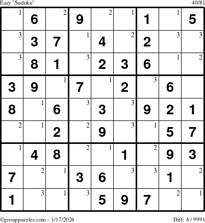 The grouppuzzles.com Easy Sudoku puzzle for Saturday January 17, 2026 with the first 3 steps marked