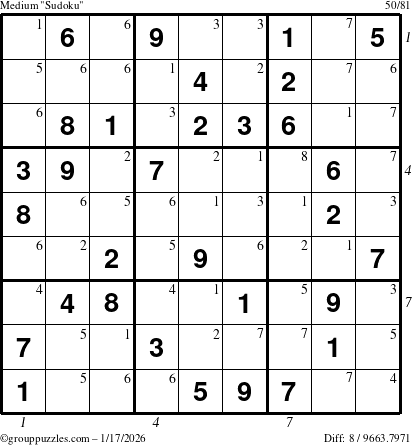 The grouppuzzles.com Medium Sudoku puzzle for Saturday January 17, 2026, suitable for printing, with all 8 steps marked