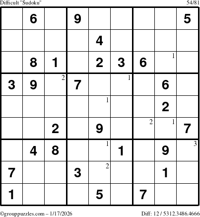 The grouppuzzles.com Difficult Sudoku puzzle for Saturday January 17, 2026 with the first 3 steps marked