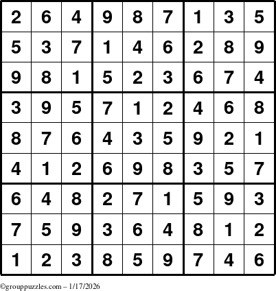 The grouppuzzles.com Answer grid for the Sudoku puzzle for Saturday January 17, 2026