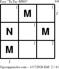 The grouppuzzles.com Easy TicTac-MNO puzzle for Saturday January 17, 2026, suitable for printing, with all 2 steps marked