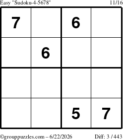 The grouppuzzles.com Easy Sudoku-4-5678 puzzle for Monday June 22, 2026