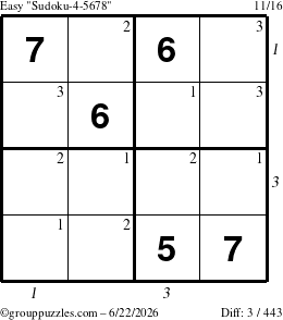 The grouppuzzles.com Easy Sudoku-4-5678 puzzle for Monday June 22, 2026 with all 3 steps marked