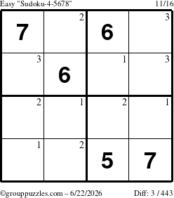 The grouppuzzles.com Easy Sudoku-4-5678 puzzle for Monday June 22, 2026 with the first 3 steps marked