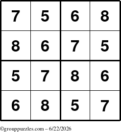 The grouppuzzles.com Answer grid for the Sudoku-4-5678 puzzle for Monday June 22, 2026