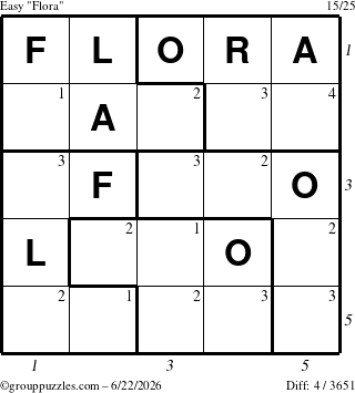 The grouppuzzles.com Easy Flora puzzle for Monday June 22, 2026, suitable for printing, with all 4 steps marked