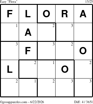 The grouppuzzles.com Easy Flora puzzle for Monday June 22, 2026 with the first 3 steps marked
