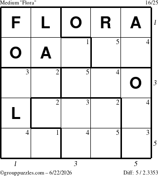 The grouppuzzles.com Medium Flora puzzle for Monday June 22, 2026, suitable for printing, with all 5 steps marked