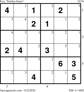 The grouppuzzles.com Easy Sudoku-Junior puzzle for Monday June 22, 2026, suitable for printing, with all 4 steps marked