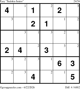 The grouppuzzles.com Easy Sudoku-Junior puzzle for Monday June 22, 2026 with the first 3 steps marked