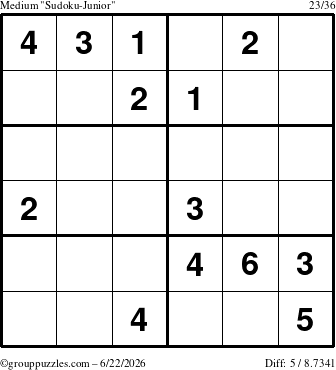 The grouppuzzles.com Medium Sudoku-Junior puzzle for Monday June 22, 2026