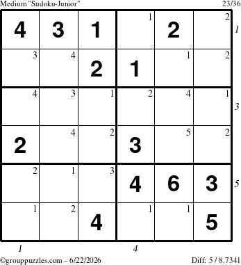 The grouppuzzles.com Medium Sudoku-Junior puzzle for Monday June 22, 2026, suitable for printing, with all 5 steps marked
