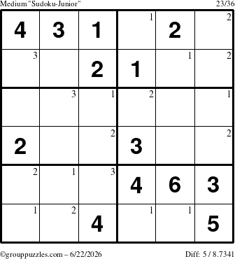 The grouppuzzles.com Medium Sudoku-Junior puzzle for Monday June 22, 2026 with the first 3 steps marked