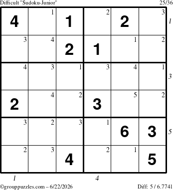 The grouppuzzles.com Difficult Sudoku-Junior puzzle for Monday June 22, 2026 with all 5 steps marked