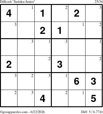 The grouppuzzles.com Difficult Sudoku-Junior puzzle for Monday June 22, 2026 with the first 3 steps marked