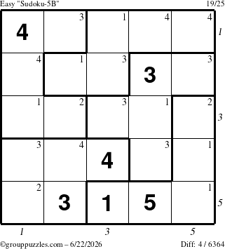 The grouppuzzles.com Easy Sudoku-5B puzzle for Monday June 22, 2026 with all 4 steps marked