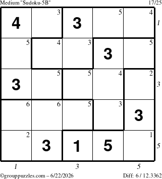 The grouppuzzles.com Medium Sudoku-5B puzzle for Monday June 22, 2026, suitable for printing, with all 6 steps marked