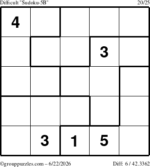 The grouppuzzles.com Difficult Sudoku-5B puzzle for Monday June 22, 2026