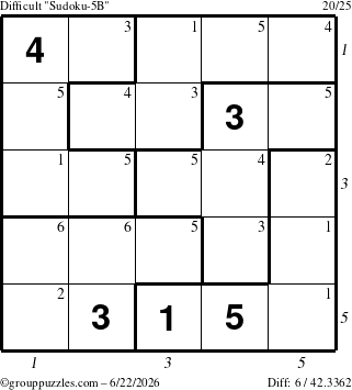 The grouppuzzles.com Difficult Sudoku-5B puzzle for Monday June 22, 2026 with all 6 steps marked