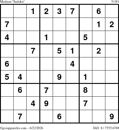 The grouppuzzles.com Medium Sudoku puzzle for Monday June 22, 2026
