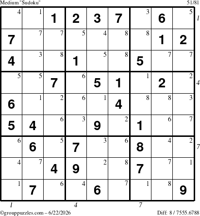 The grouppuzzles.com Medium Sudoku puzzle for Monday June 22, 2026, suitable for printing, with all 8 steps marked