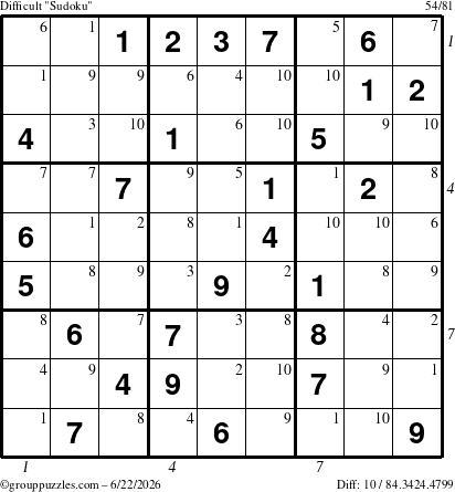 The grouppuzzles.com Difficult Sudoku puzzle for Monday June 22, 2026 with all 10 steps marked