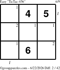 The grouppuzzles.com Easy TicTac-456 puzzle for Monday June 22, 2026 with all 2 steps marked