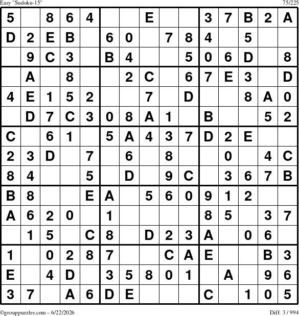 The grouppuzzles.com Easy Sudoku-15 puzzle for Monday June 22, 2026