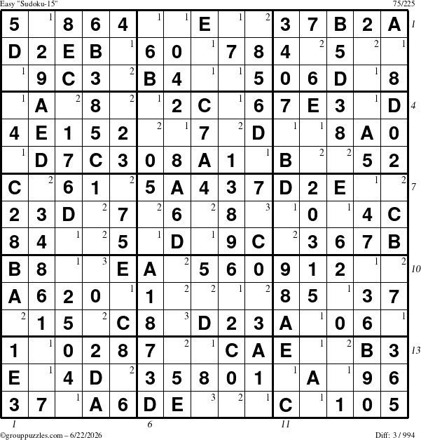The grouppuzzles.com Easy Sudoku-15 puzzle for Monday June 22, 2026, suitable for printing, with all 3 steps marked