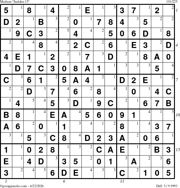 The grouppuzzles.com Medium Sudoku-15 puzzle for Monday June 22, 2026, suitable for printing, with all 5 steps marked