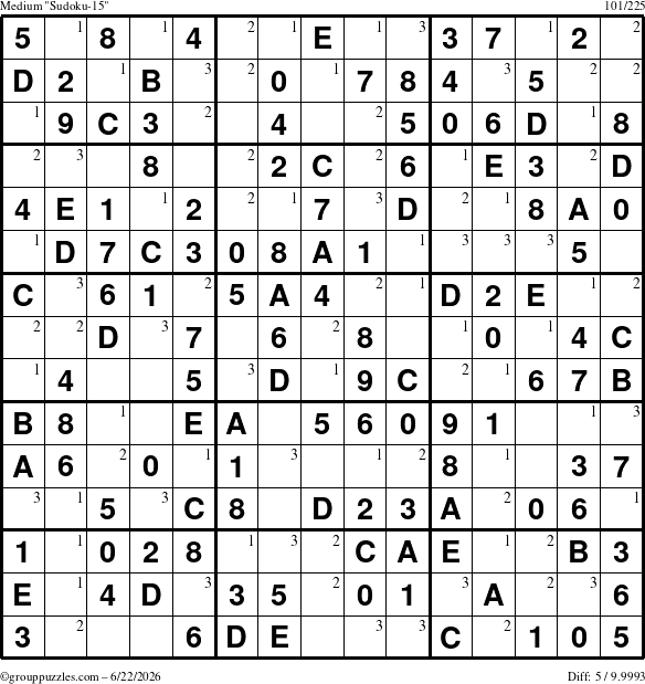 The grouppuzzles.com Medium Sudoku-15 puzzle for Monday June 22, 2026 with the first 3 steps marked