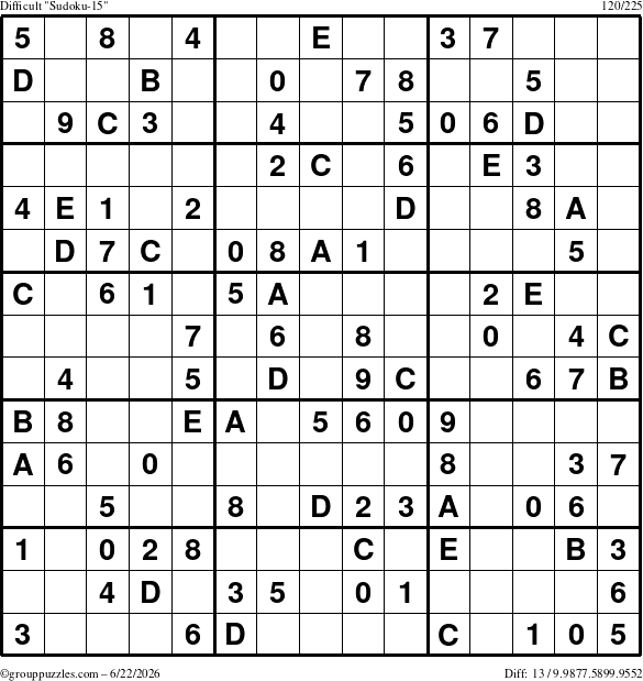 The grouppuzzles.com Difficult Sudoku-15 puzzle for Monday June 22, 2026