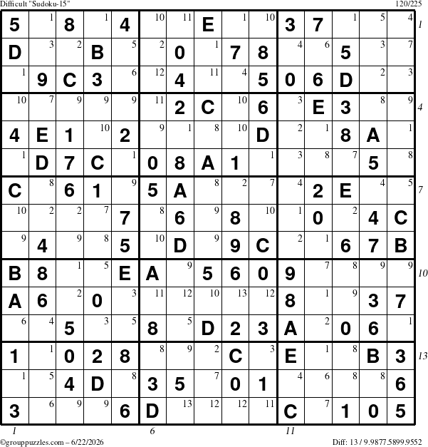 The grouppuzzles.com Difficult Sudoku-15 puzzle for Monday June 22, 2026 with all 13 steps marked