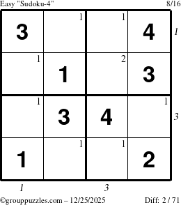 The grouppuzzles.com Easy Sudoku-4 puzzle for Thursday December 25, 2025, suitable for printing, with all 2 steps marked