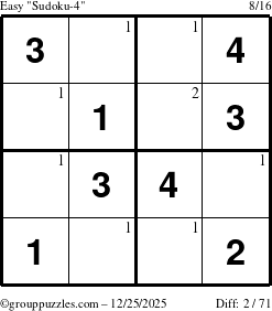 The grouppuzzles.com Easy Sudoku-4 puzzle for Thursday December 25, 2025 with the first 2 steps marked