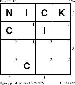 The grouppuzzles.com Easy Nick puzzle for Thursday December 25, 2025 with all 3 steps marked