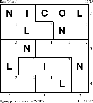 The grouppuzzles.com Easy Nicol puzzle for Thursday December 25, 2025 with all 3 steps marked