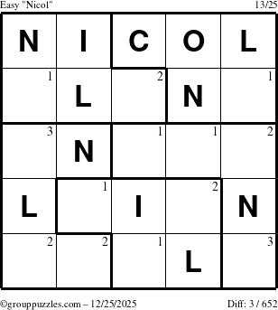 The grouppuzzles.com Easy Nicol puzzle for Thursday December 25, 2025 with the first 3 steps marked
