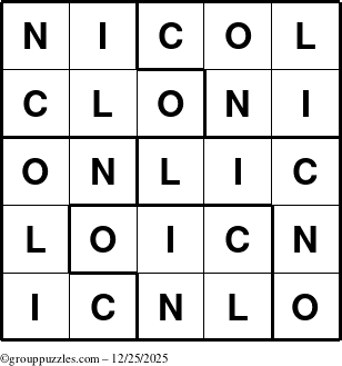 The grouppuzzles.com Answer grid for the Nicol puzzle for Thursday December 25, 2025